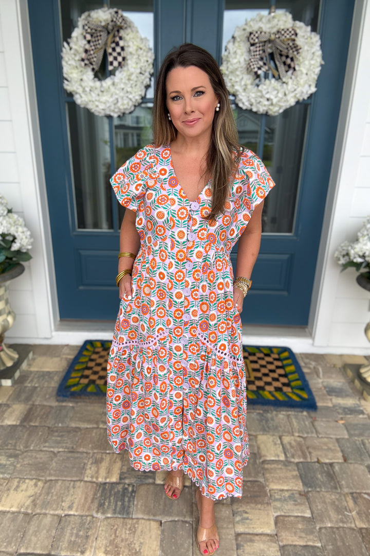 Karlie: Orange Grove Button Front Midi Dress - Lavender