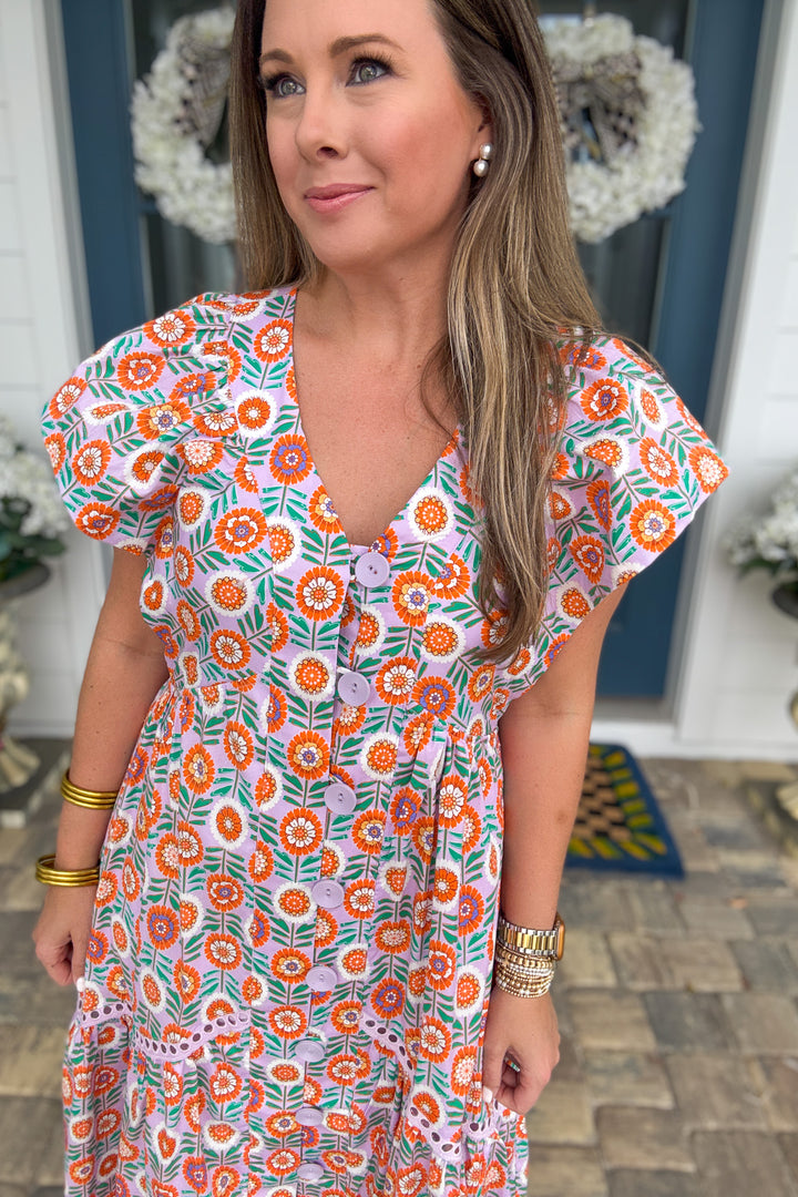 Karlie: Orange Grove Button Front Midi Dress - Lavender