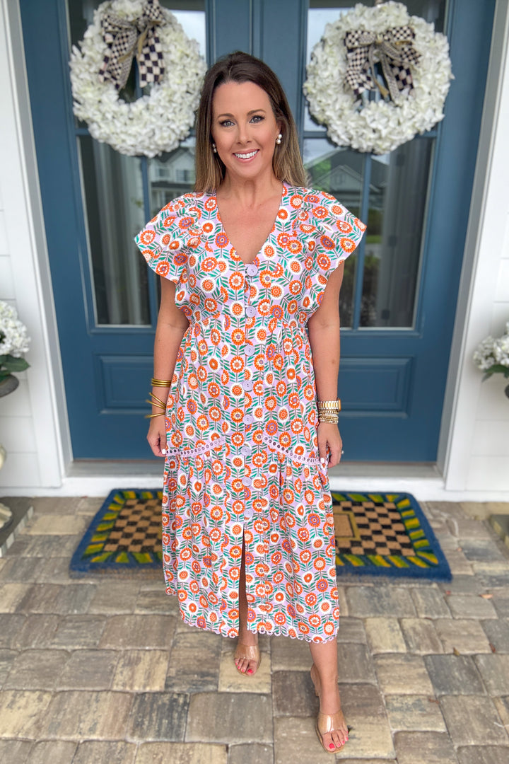 Karlie: Orange Grove Button Front Midi Dress - Lavender