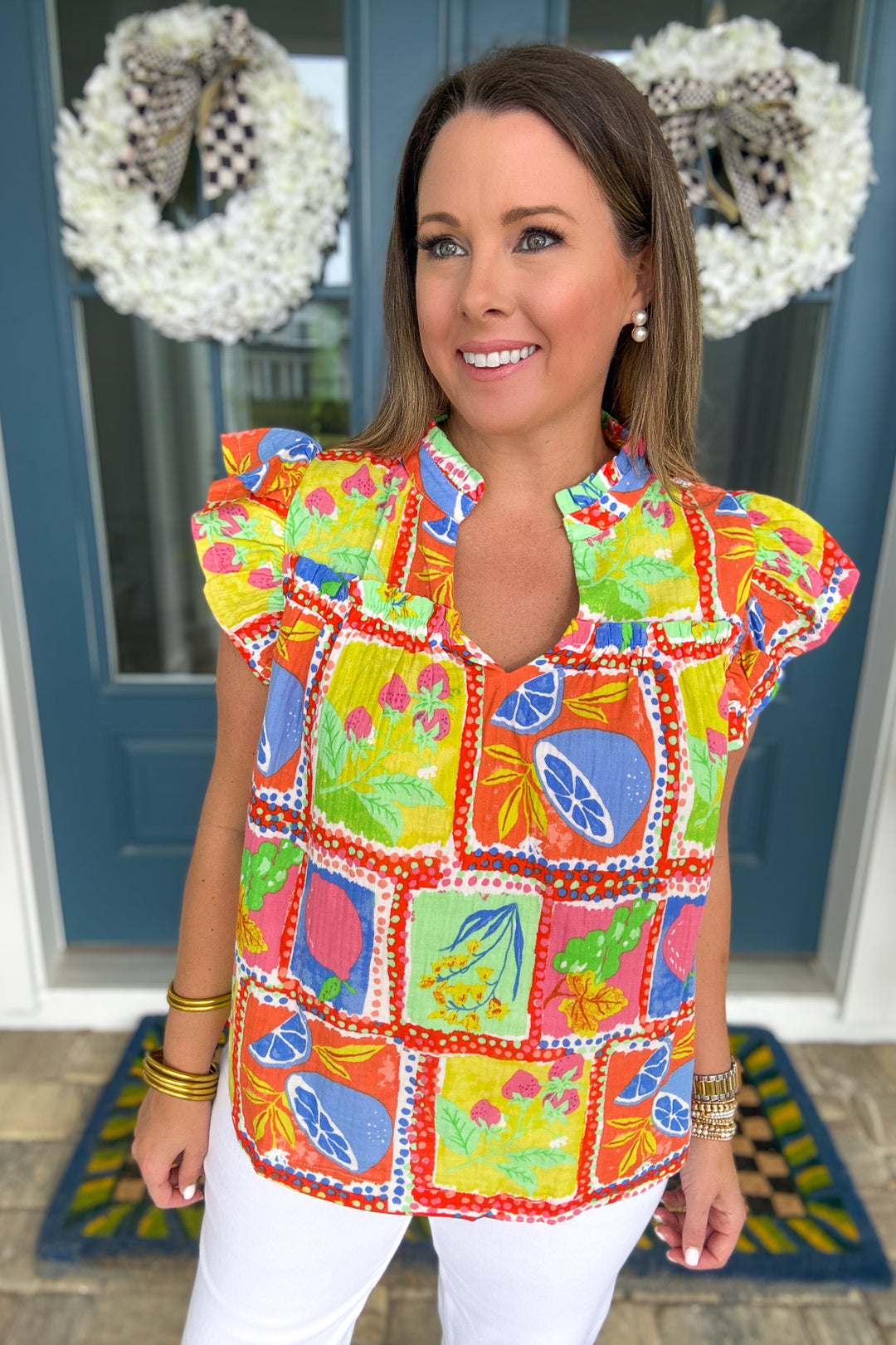 Karlie: Fruit Gauze V-neck Sleeveless Top