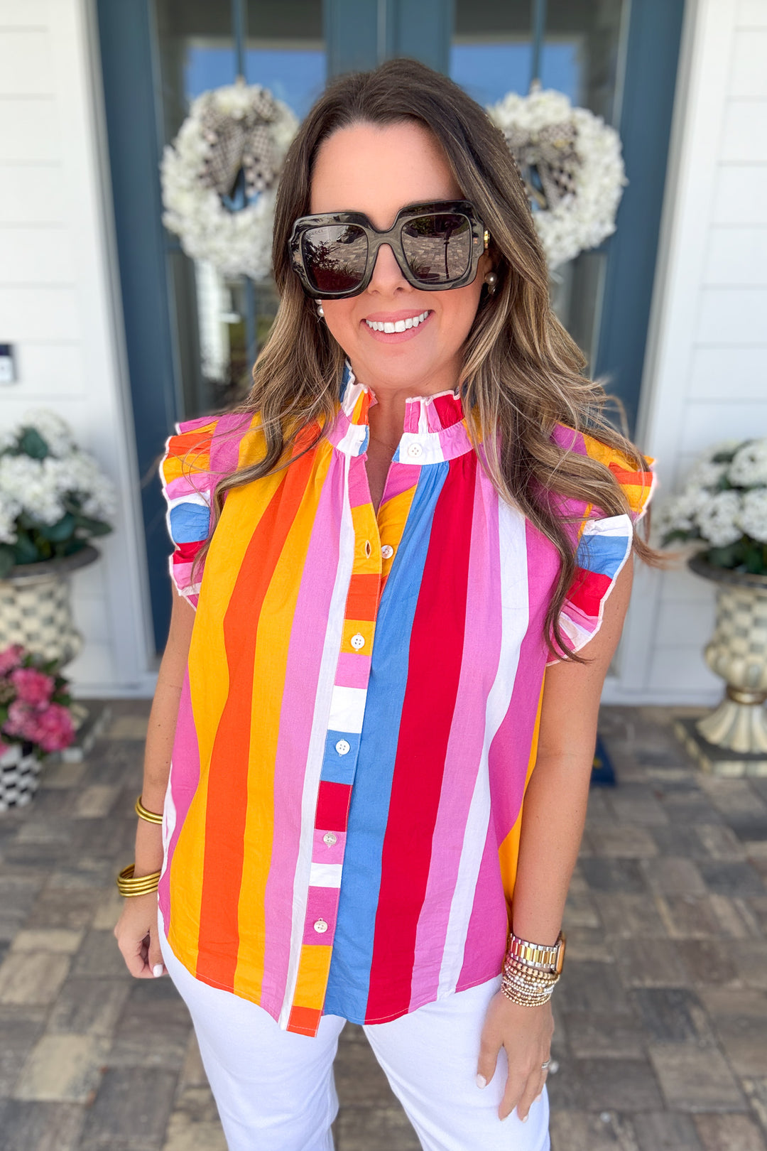 THML: Sunset Stripe Ruffle Blouse