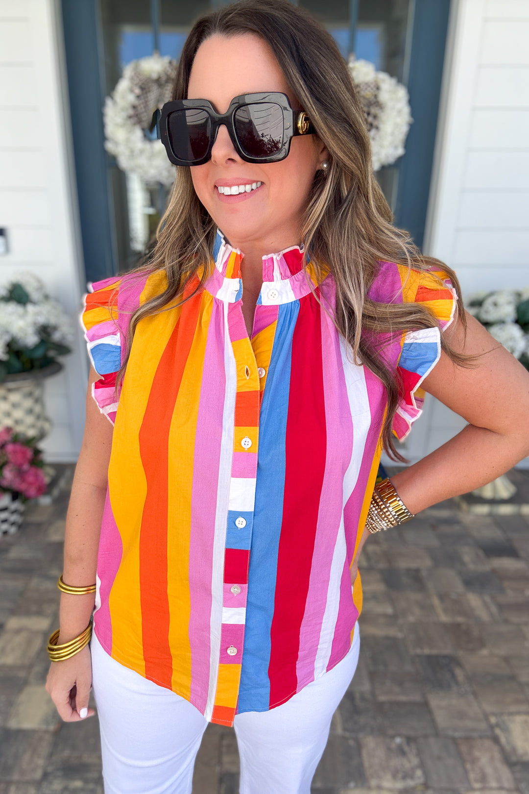 THML: Sunset Stripe Ruffle Blouse