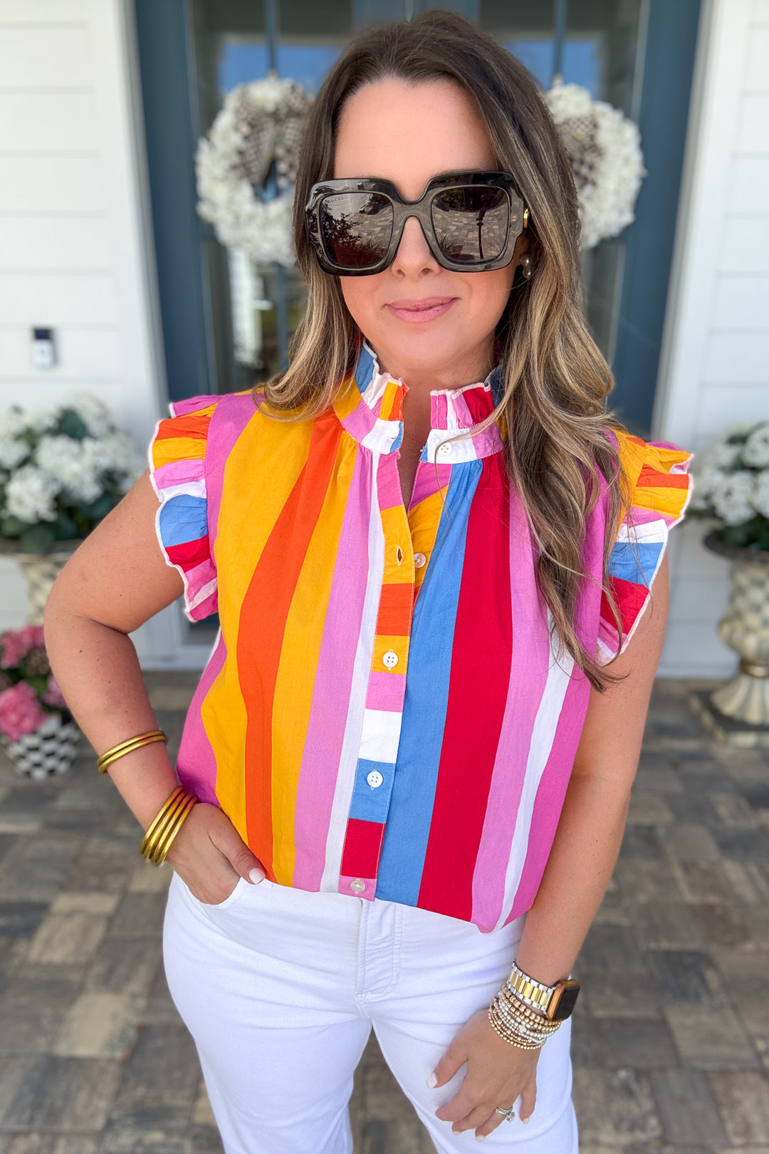 THML: Sunset Stripe Ruffle Blouse