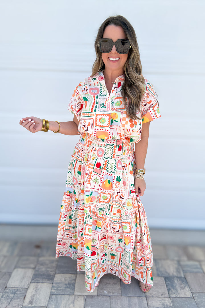 Karlie: Fruit Basket Smock Tier Maxi Skirt