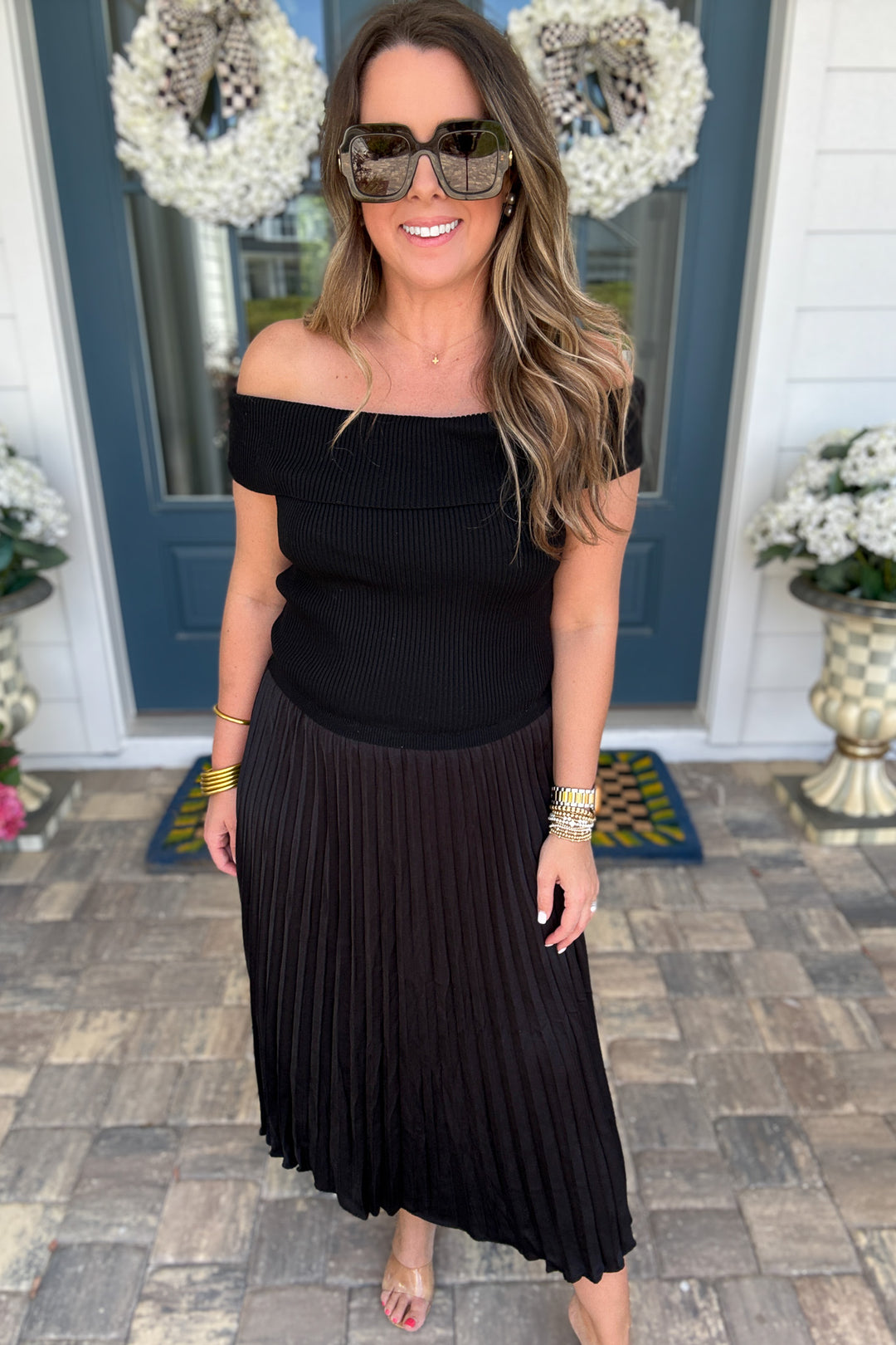 black ribbed off the shoulder dress Ribbed Off-the-Shoulder Dress