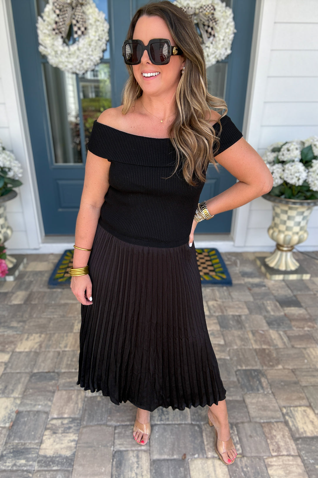 Ribbed Off The Shoulder Pleated Midi Dress - Black
