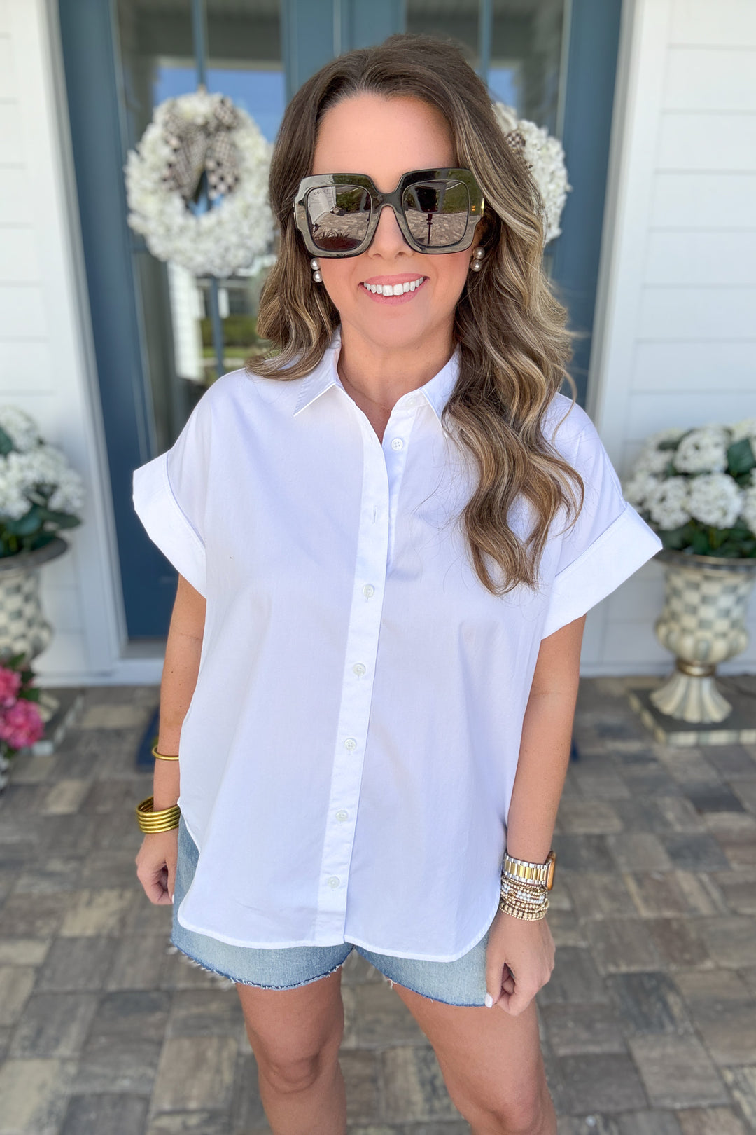 SPANX® Poplin Oversized Button-Up Short Sleeve Shirt - White