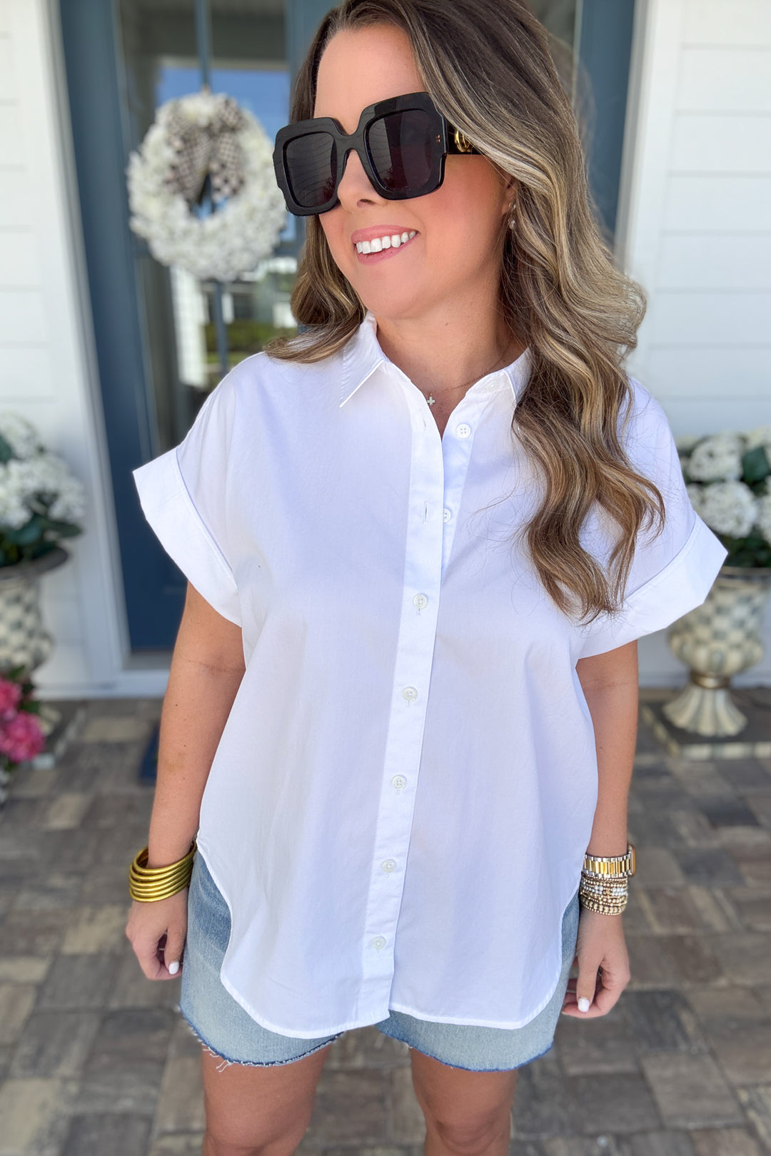 SPANX® Poplin Oversized Button-Up Short Sleeve Shirt - White