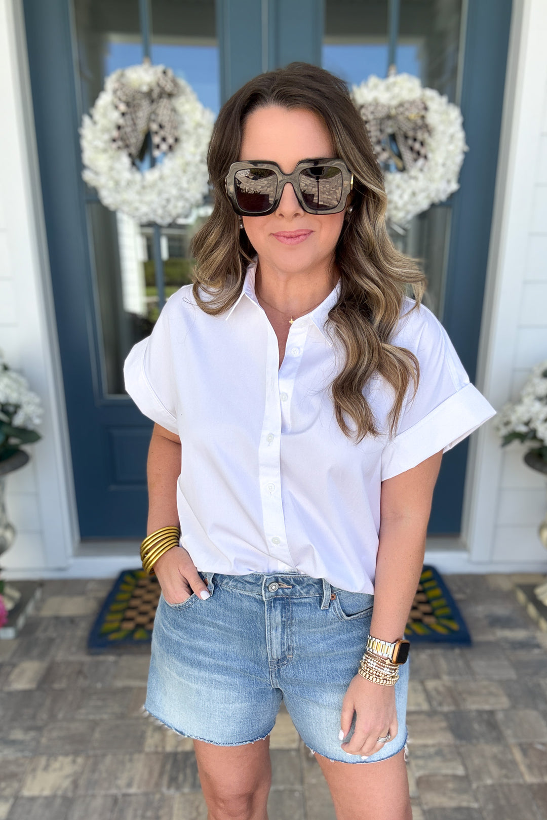 SPANX® Poplin Oversized Button-Up Short Sleeve Shirt - White