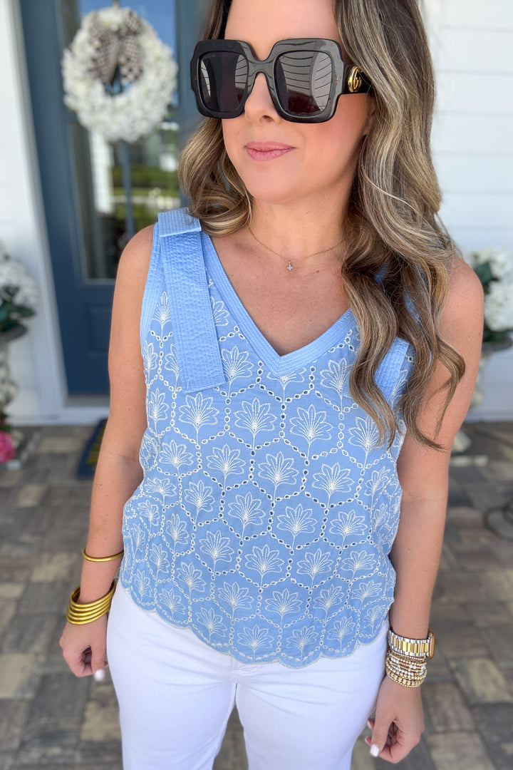 Eyelet Bow Strap V Neck Tank - Light Blue