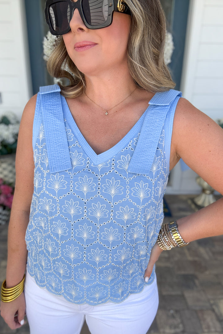 Eyelet Bow Strap V Neck Tank - Light Blue