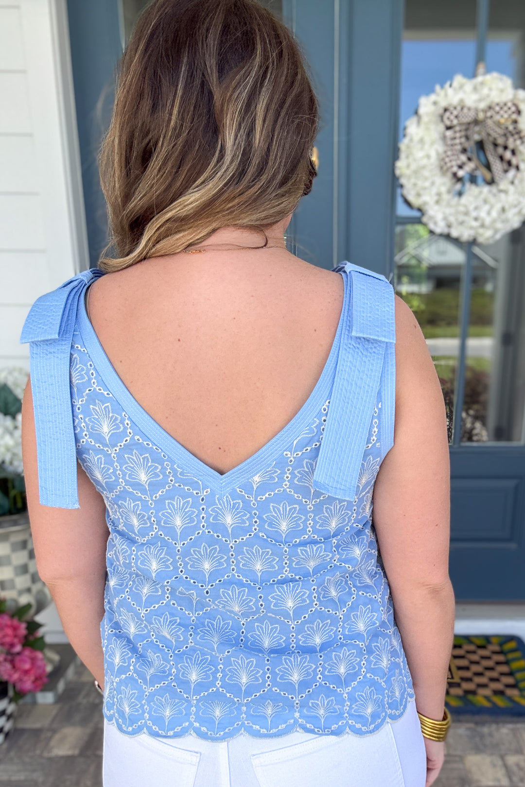 Eyelet Bow Strap V Neck Tank - Light Blue