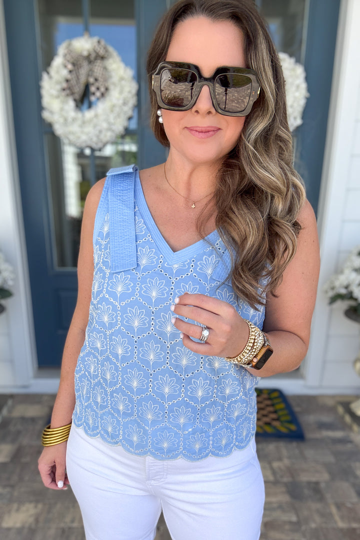 Eyelet Bow Strap V Neck Tank - Light Blue