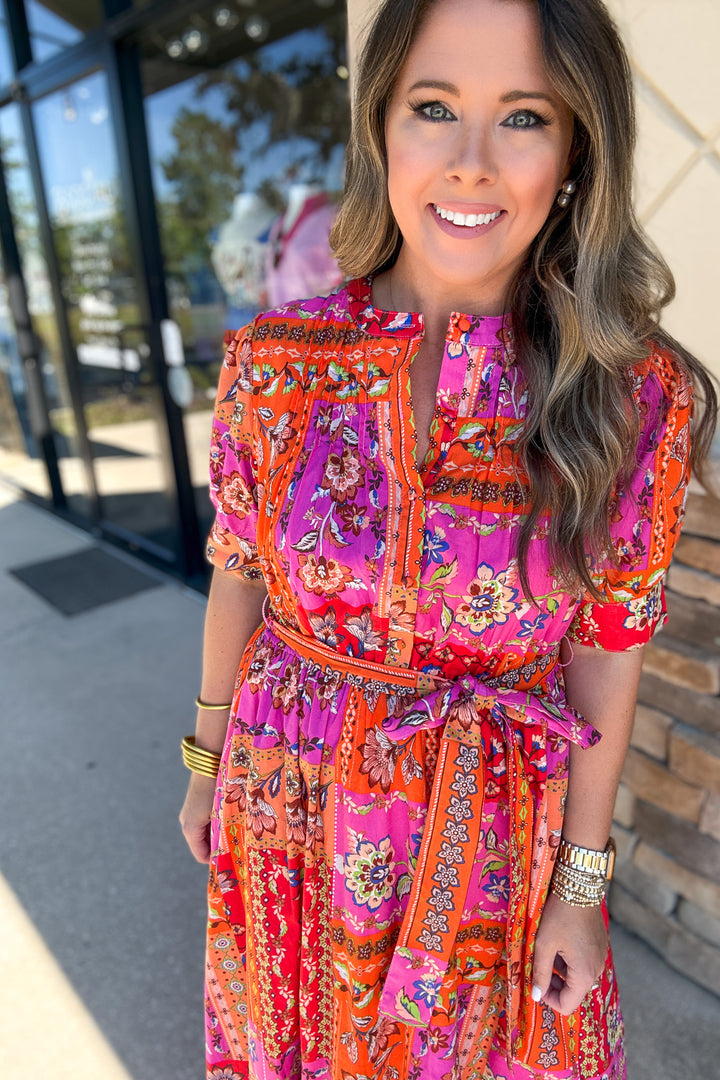 Floral Motif Patchwork Belted Maxi Dress