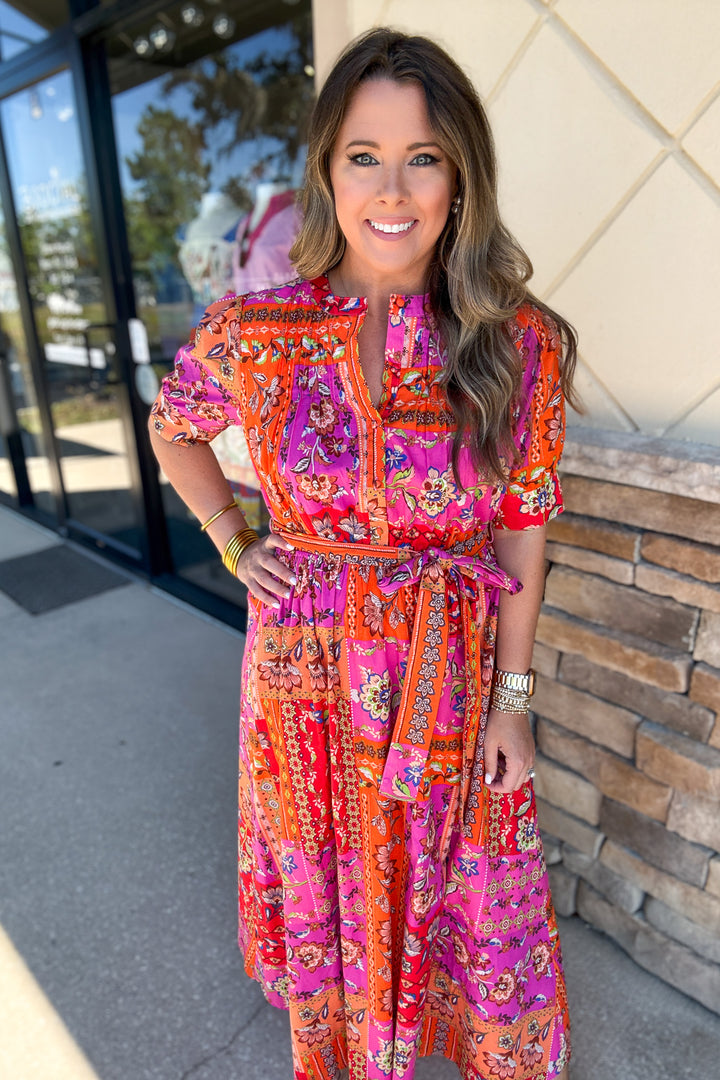 Floral Motif Patchwork Belted Maxi Dress