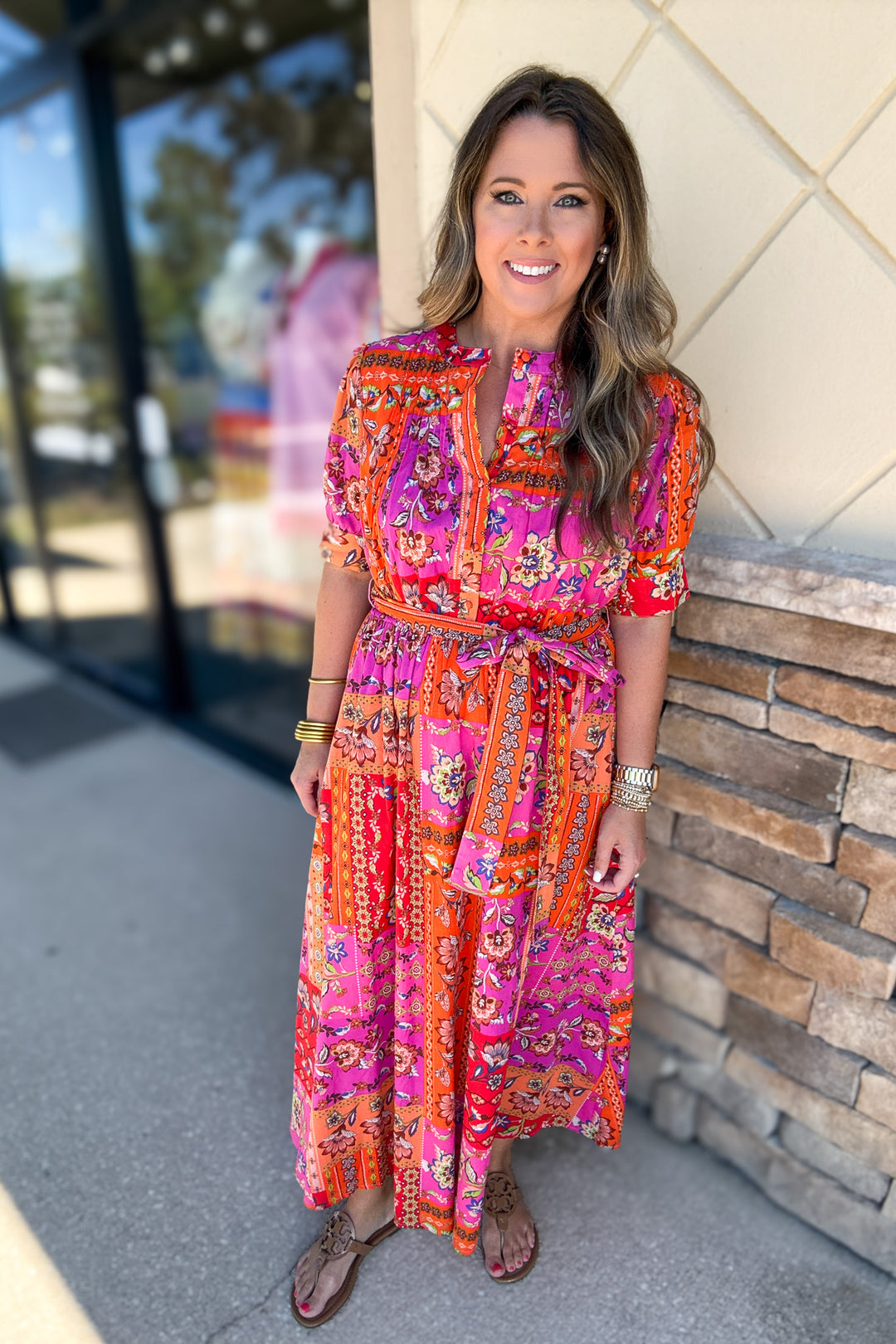 Floral Motif Patchwork Belted Maxi Dress