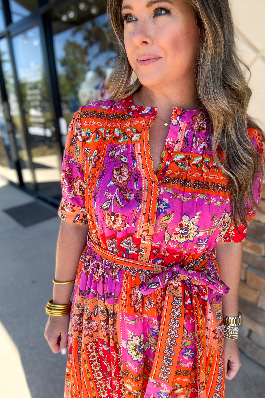 Floral Motif Patchwork Belted Maxi Dress