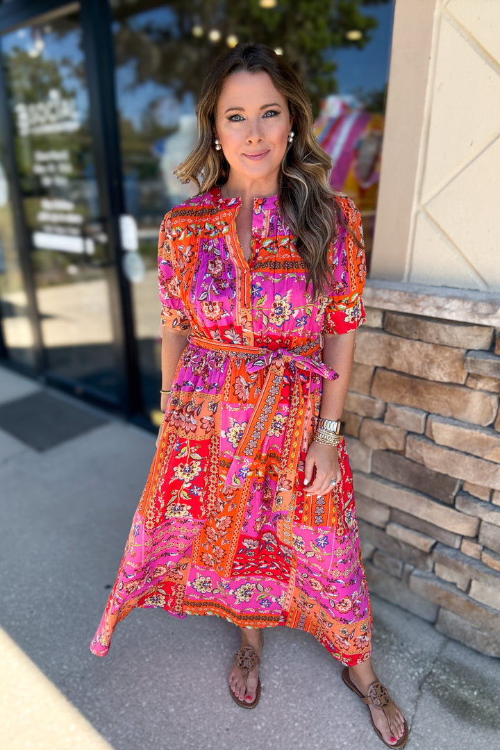Floral Motif Patchwork Belted Maxi Dress