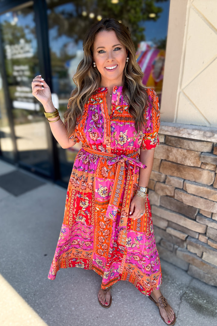 Floral Motif Patchwork Belted Maxi Dress