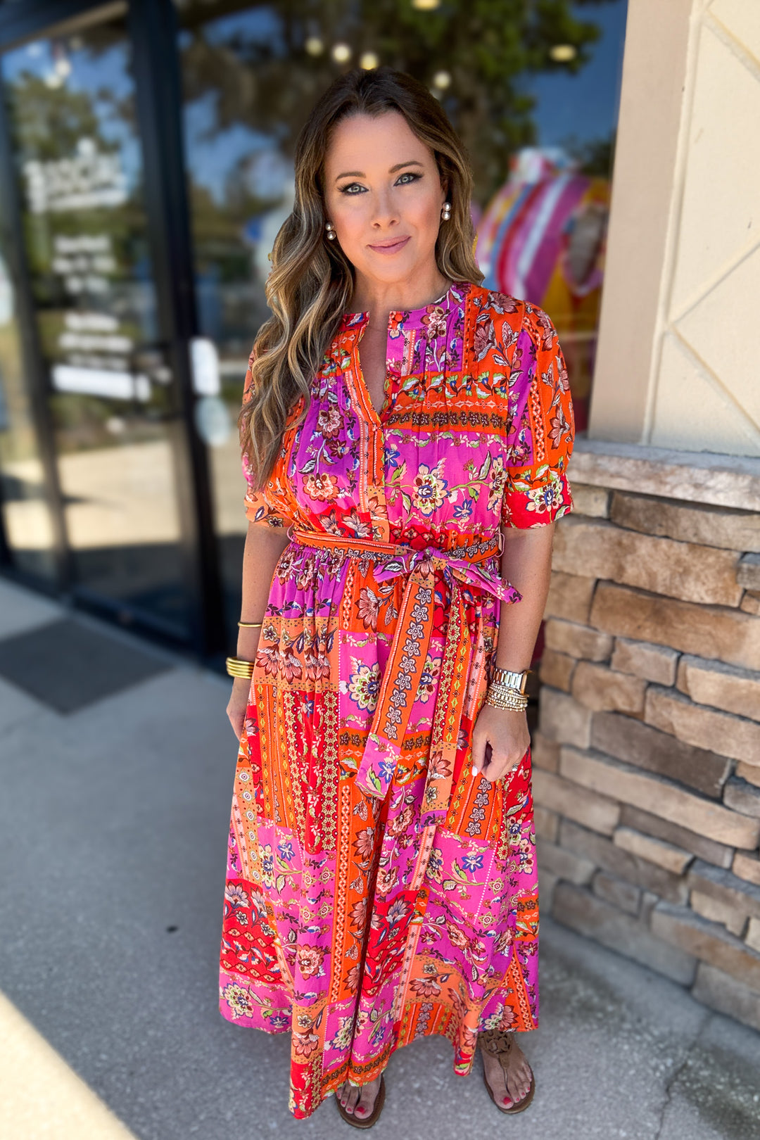 Floral Motif Patchwork Belted Maxi Dress