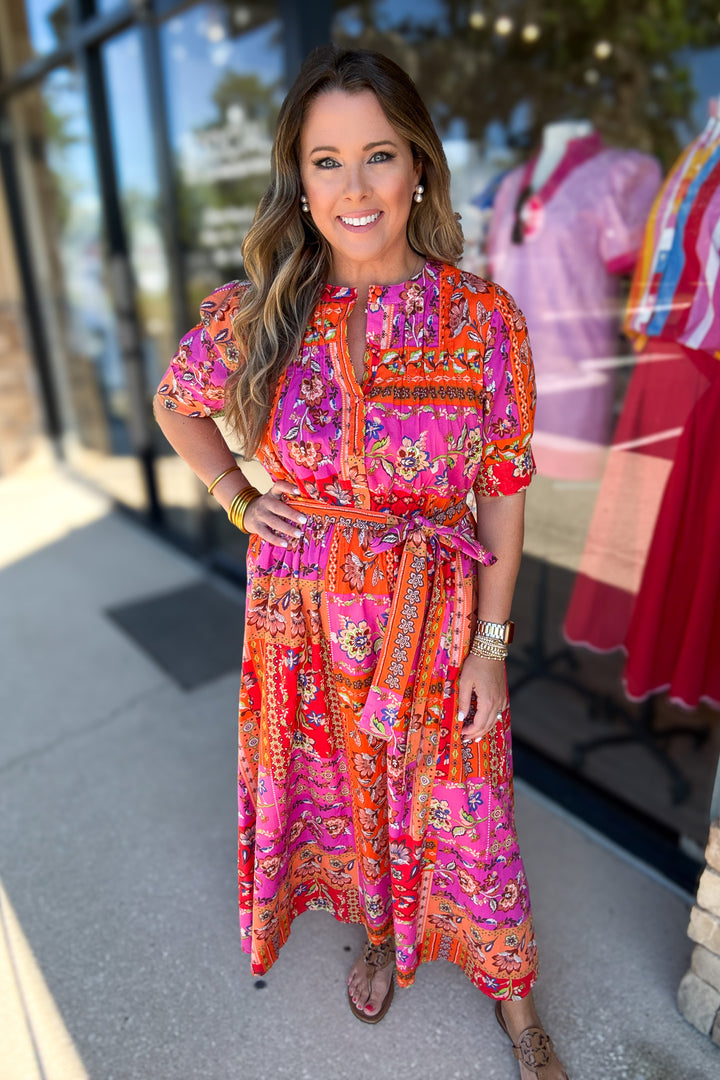 Floral Motif Patchwork Belted Maxi Dress