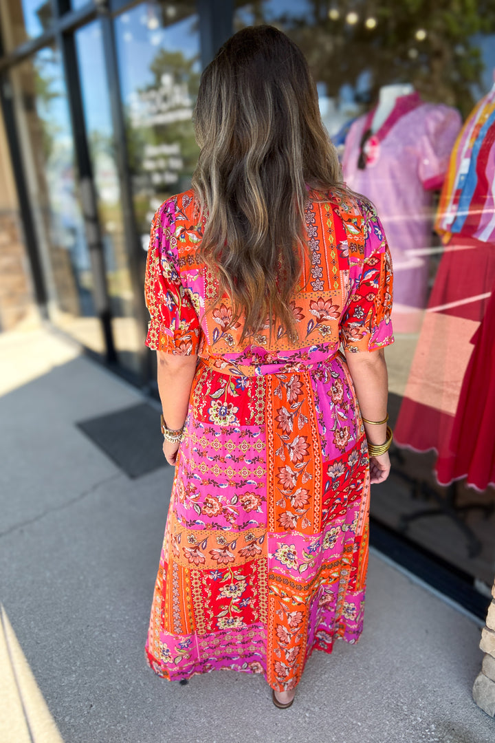 Floral Motif Patchwork Belted Maxi Dress