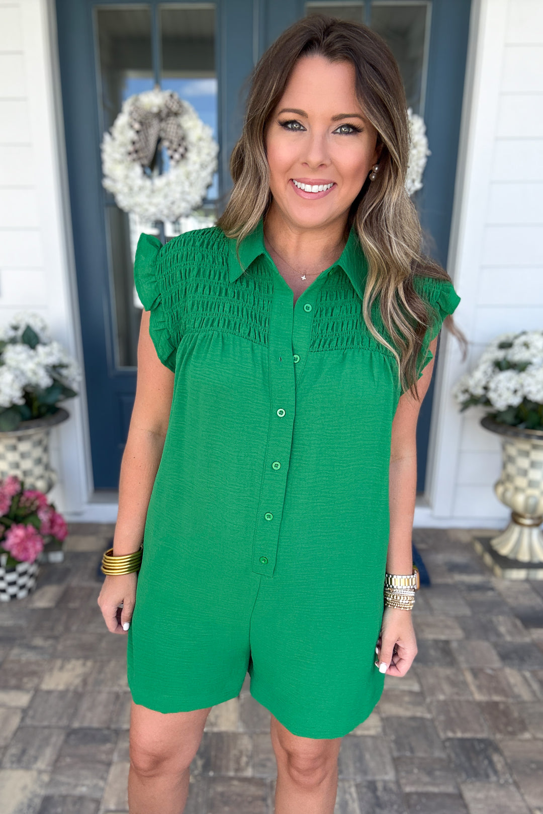Kelly Green Ruffle Sleeve Romper