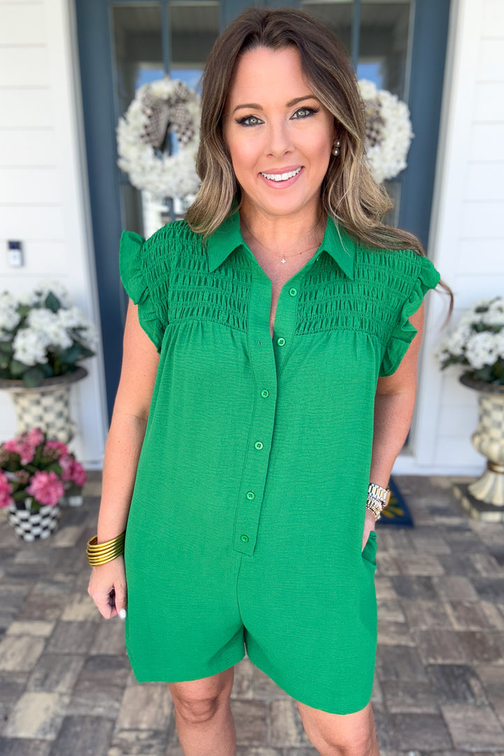 Kelly Green Ruffle Sleeve Romper