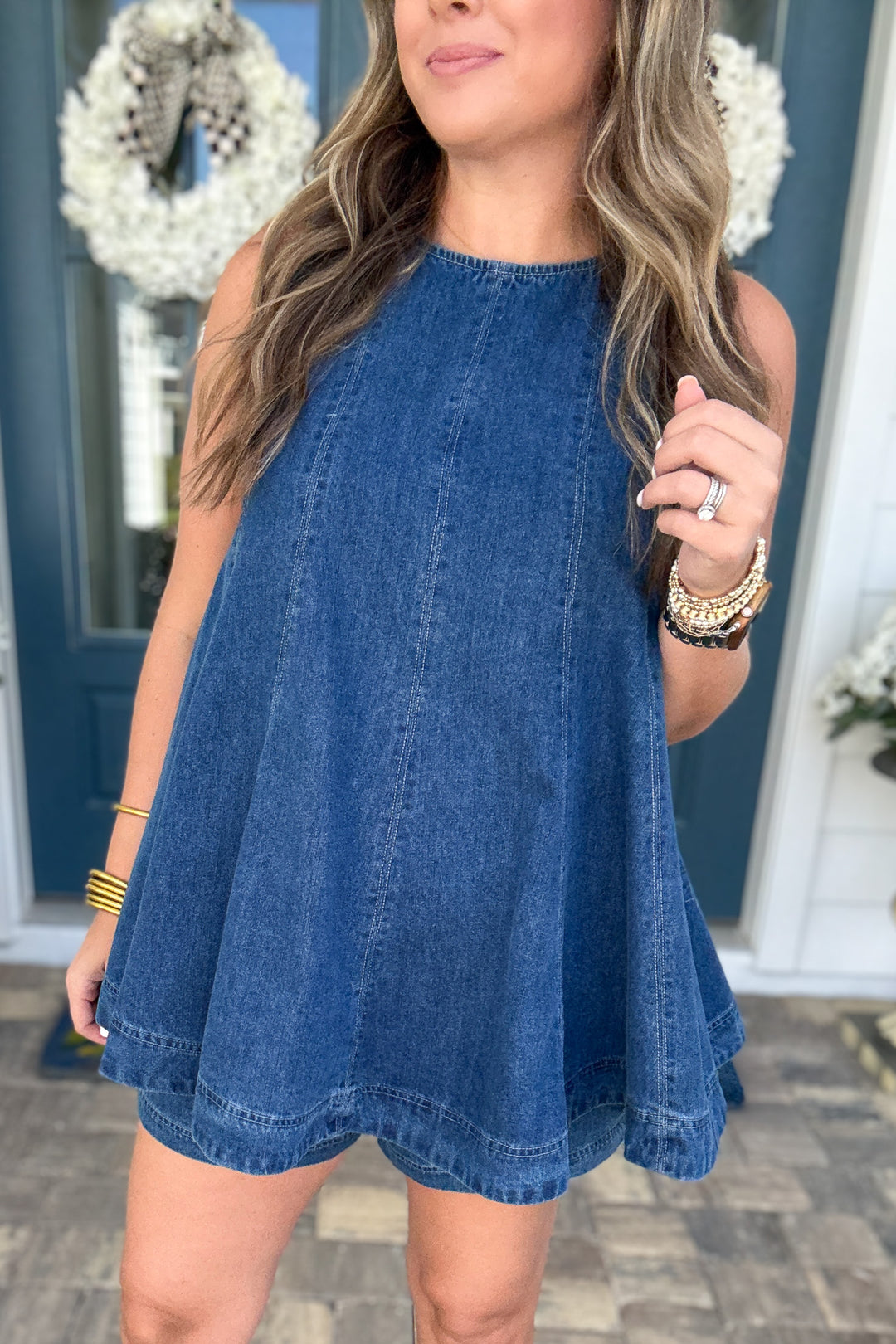 City Girl Sleeveless Flared A-line Denim Top