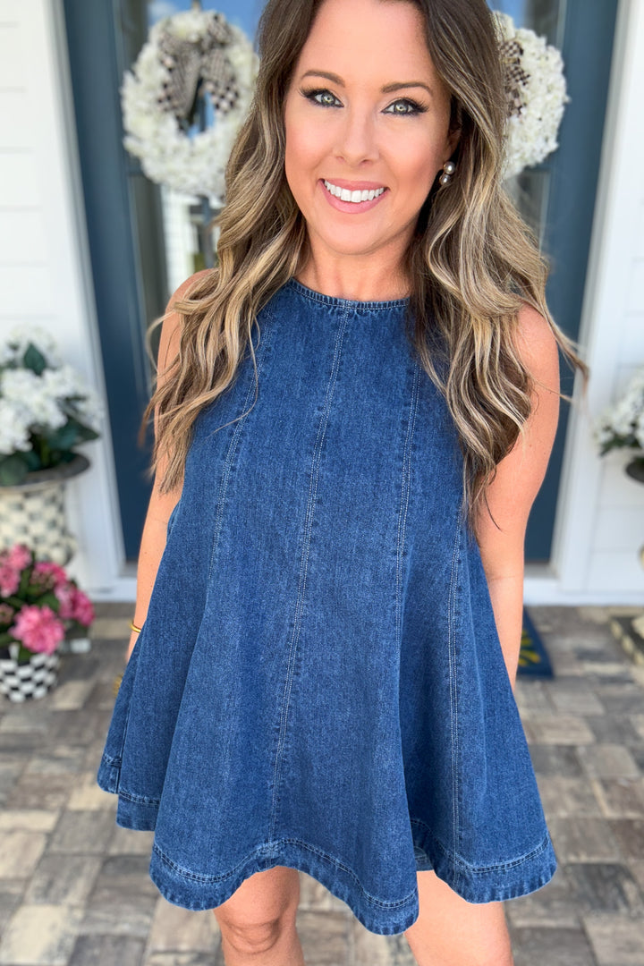 City Girl Sleeveless Flared A-line Denim Top