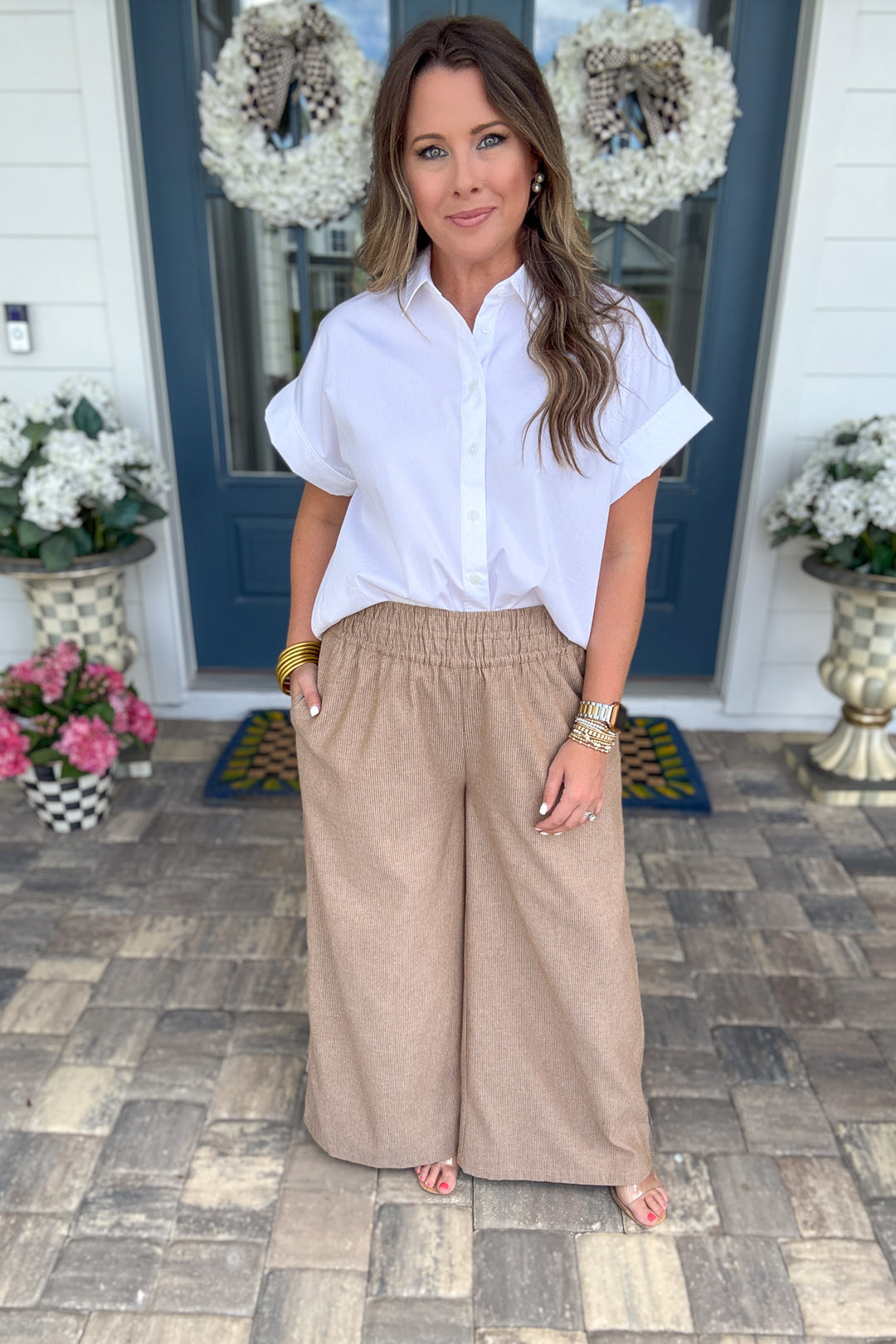 Soft Washed Pinstriped Wide Leg Pants - CAMEL