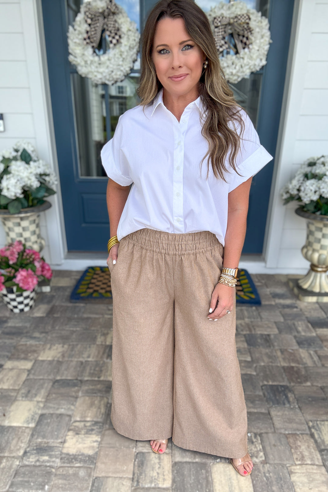 Soft Washed Pinstriped Wide Leg Pants - CAMEL