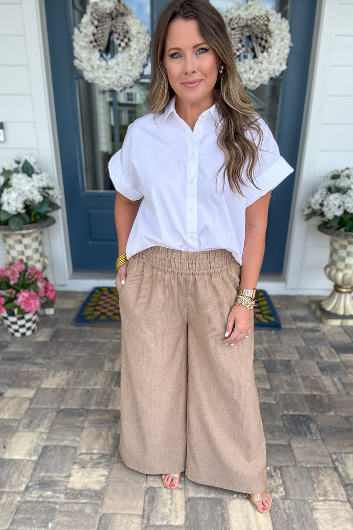 Soft Washed Pinstriped Wide Leg Pants - CAMEL