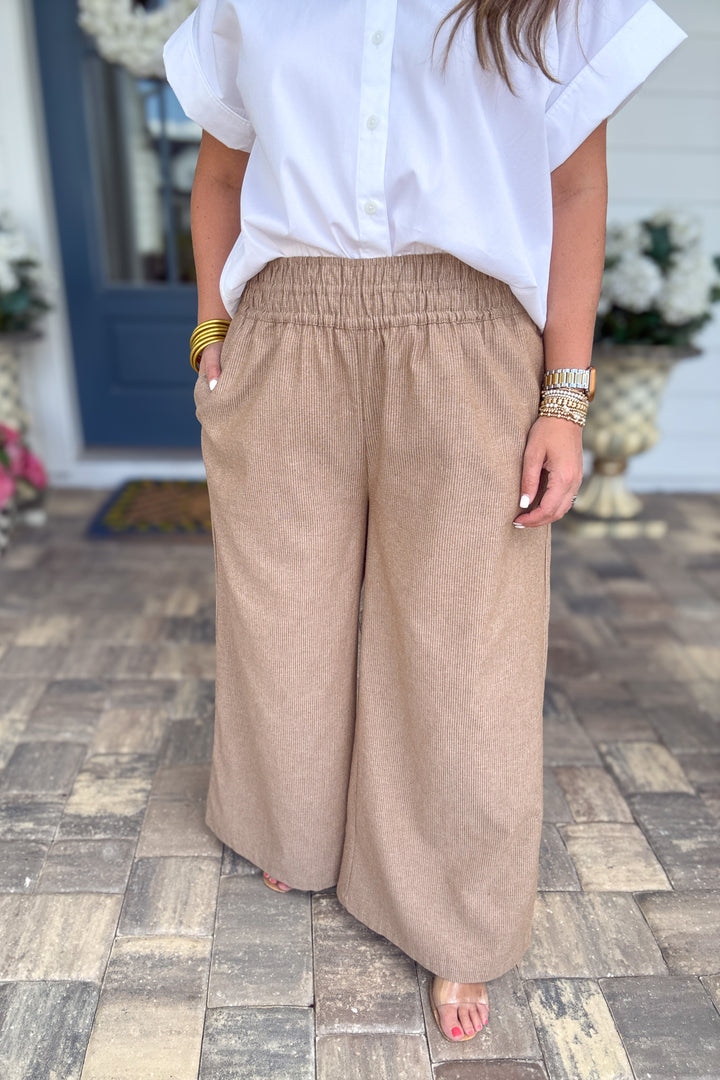Soft Washed Pinstriped Wide Leg Pants - CAMEL