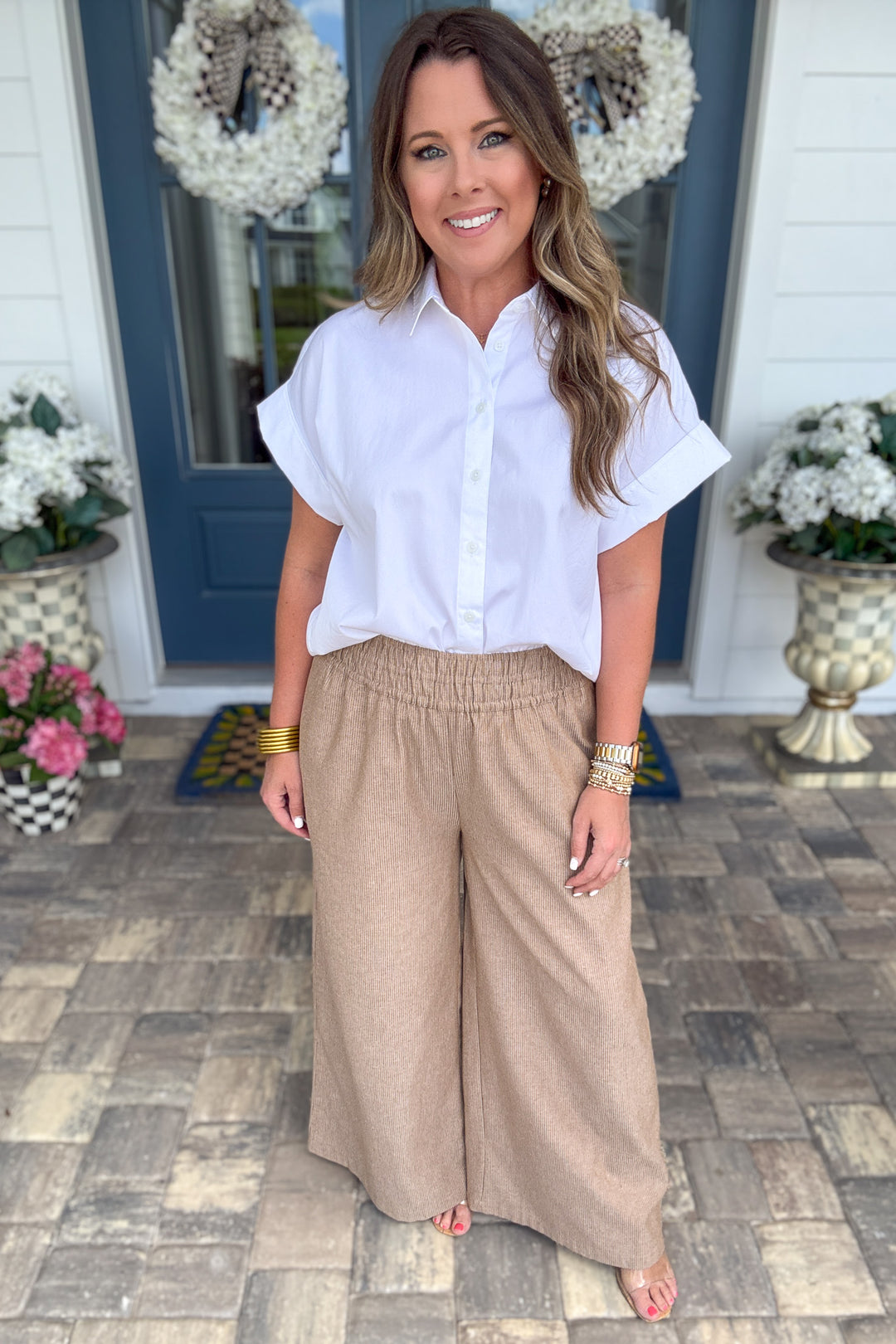 Soft Washed Pinstriped Wide Leg Pants - CAMEL