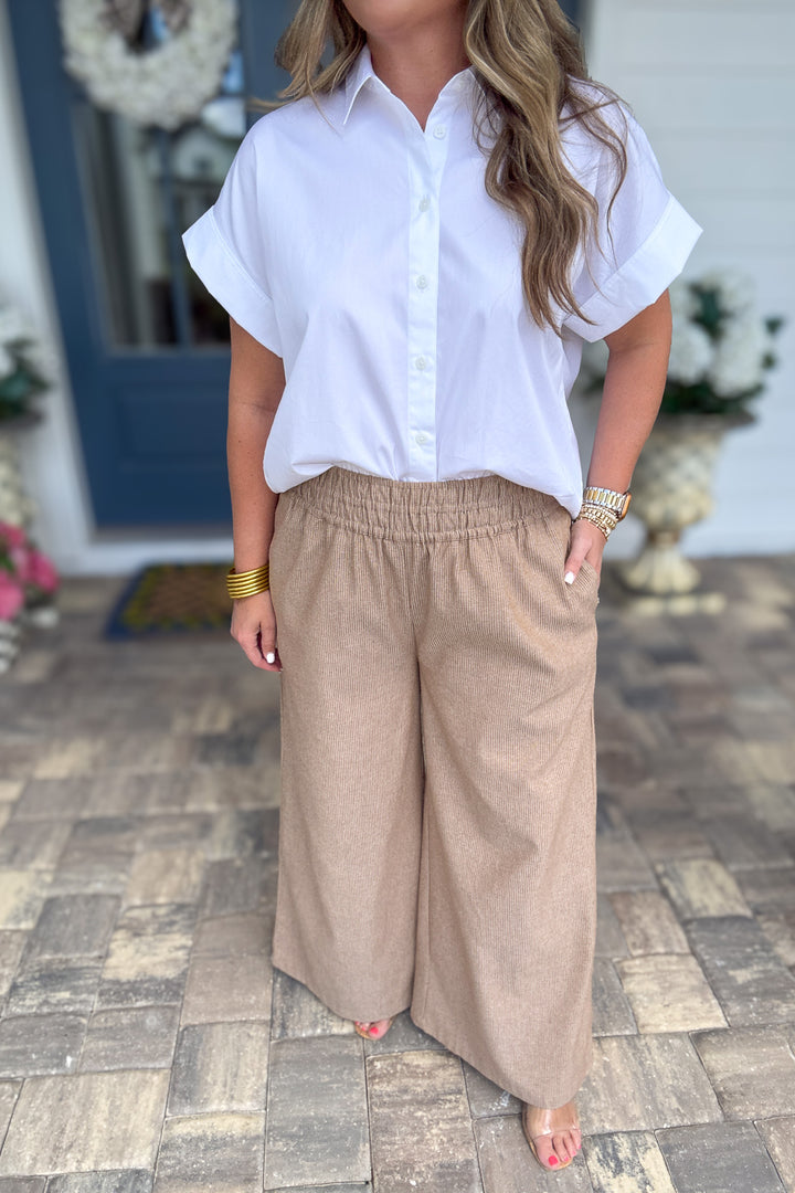 Soft Washed Pinstriped Wide Leg Pants - CAMEL