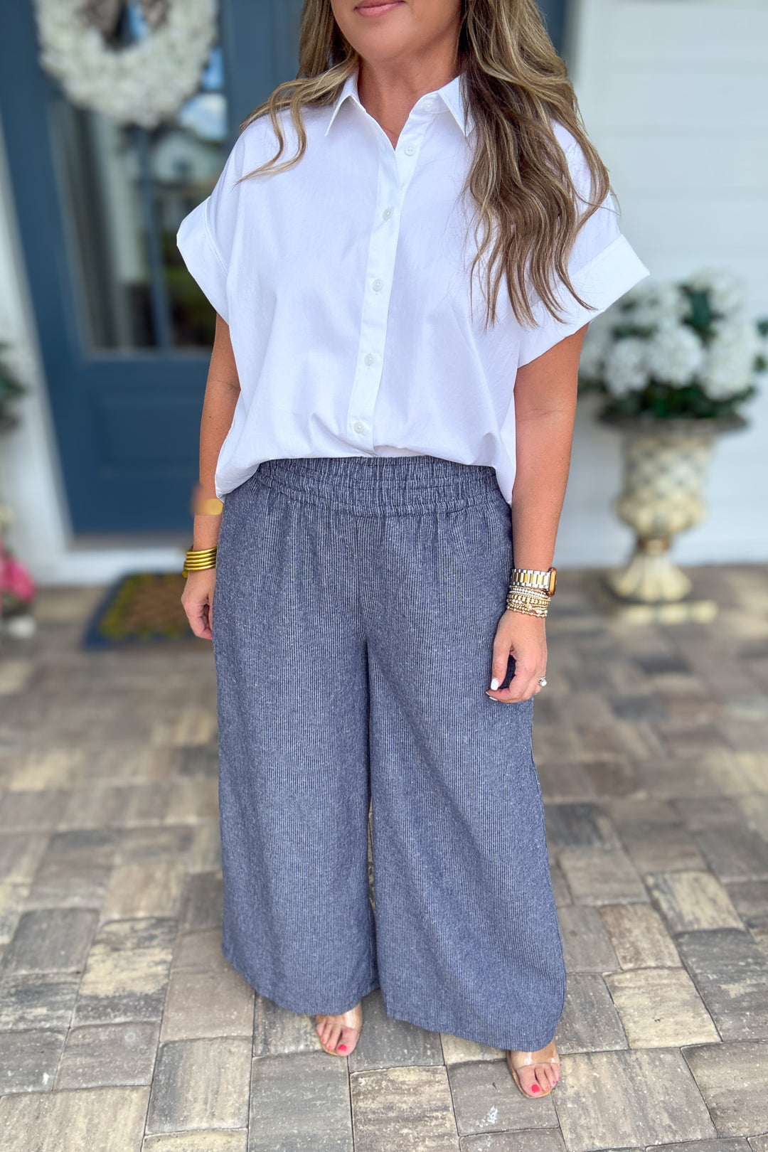 Soft Washed Pinstriped Wide Leg Pants - Indigo