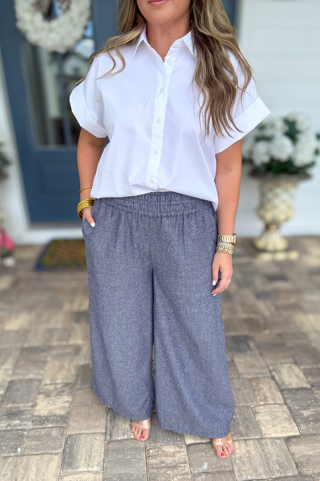 Soft Washed Pinstriped Wide Leg Pants - Indigo