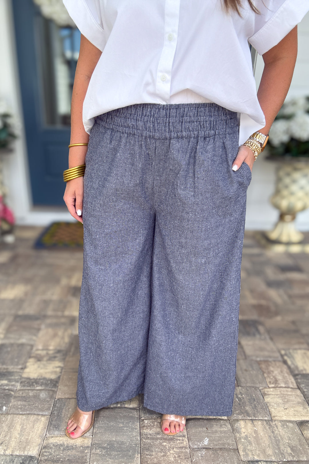 Soft Washed Pinstriped Wide Leg Pants - Indigo