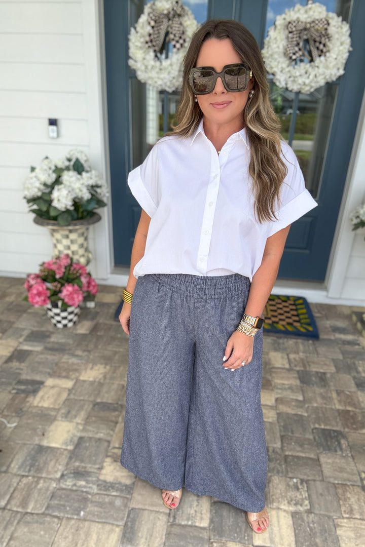 Soft Washed Pinstriped Wide Leg Pants - Indigo