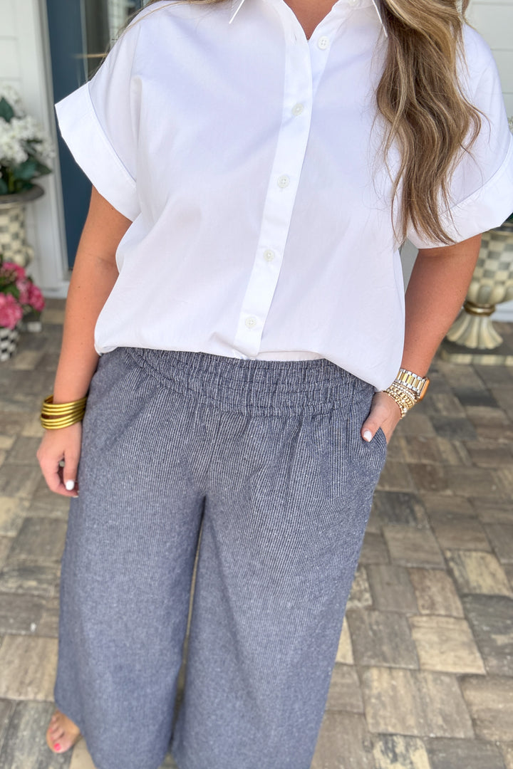 Soft Washed Pinstriped Wide Leg Pants - Indigo