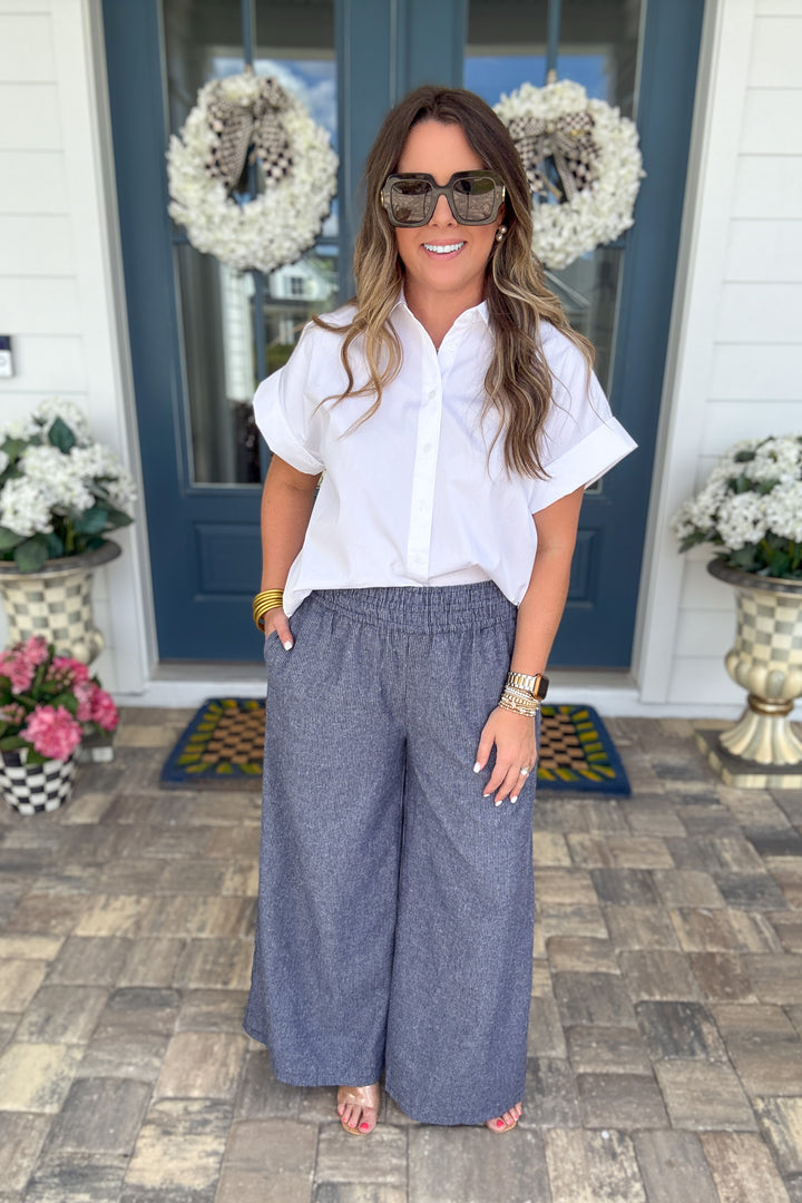 Soft Washed Pinstriped Wide Leg Pants - Indigo