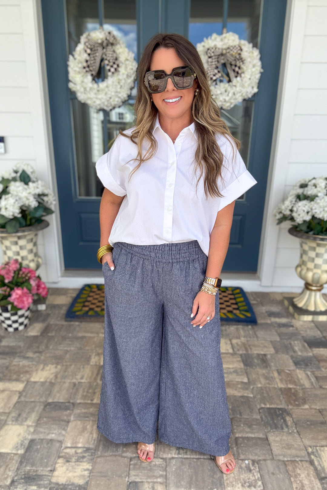 Soft Washed Pinstriped Wide Leg Pants - Indigo