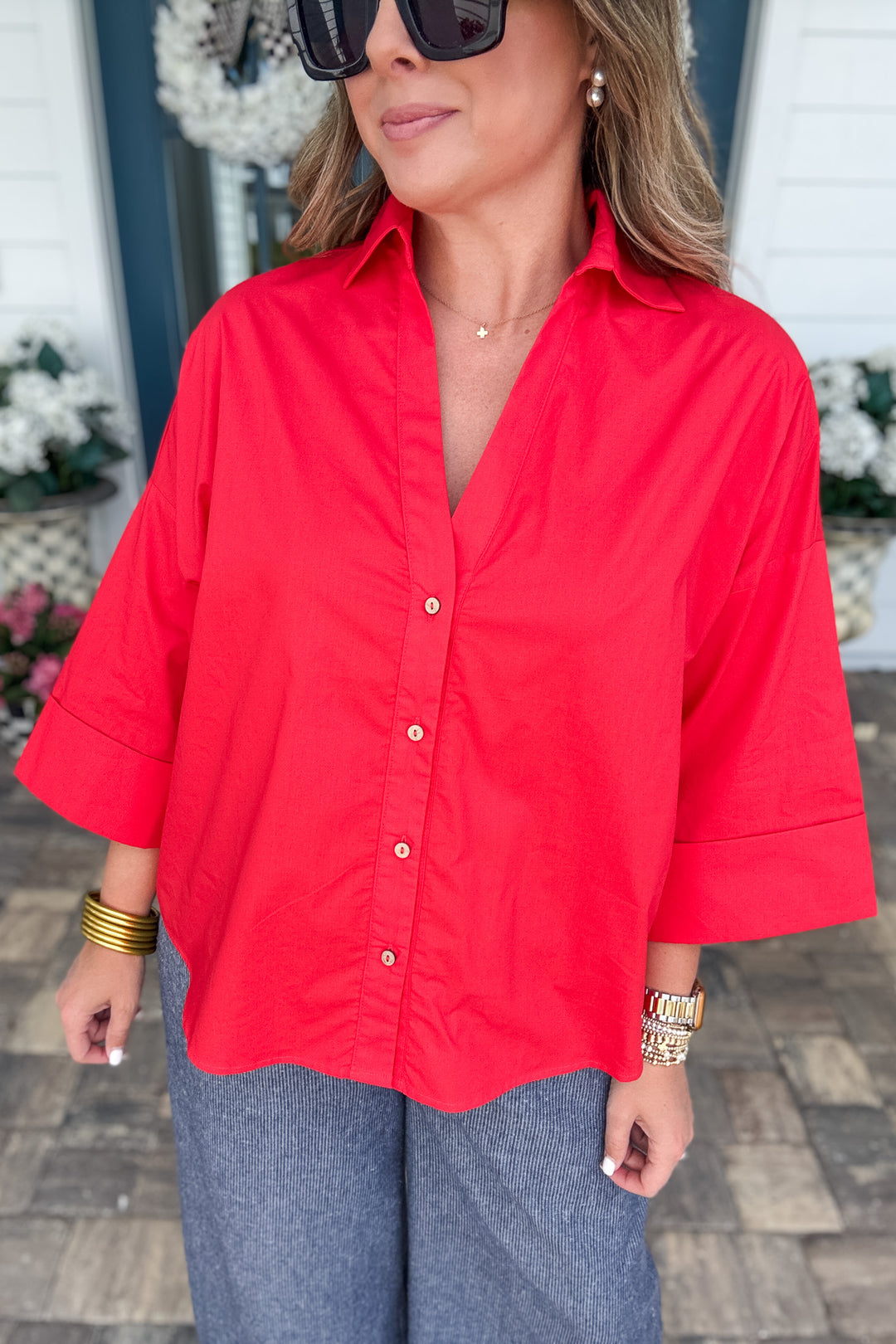 Back Pleat Button Down Popplin Top - Red