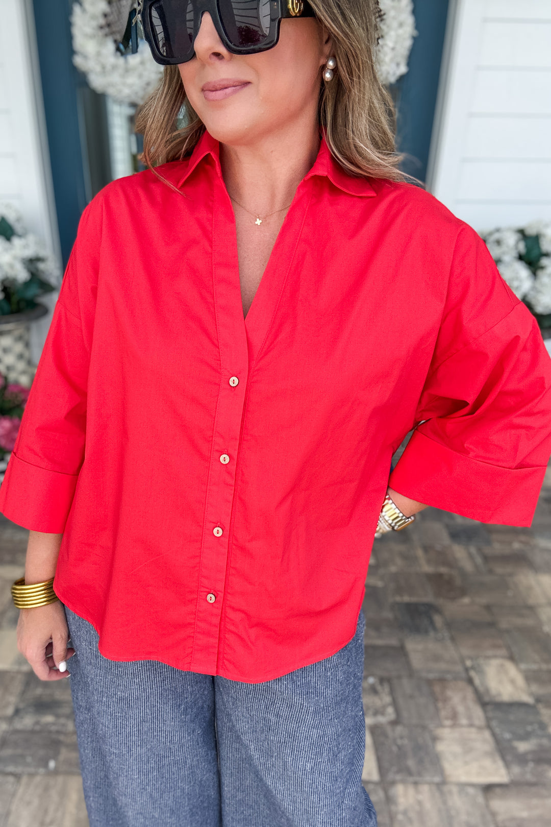 Back Pleat Button Down Popplin Top - Red