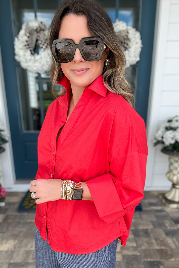 Back Pleat Button Down Popplin Top - Red