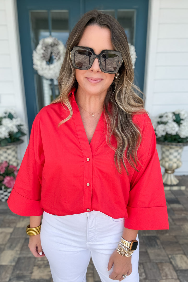 Back Pleat Button Down Popplin Top - Red