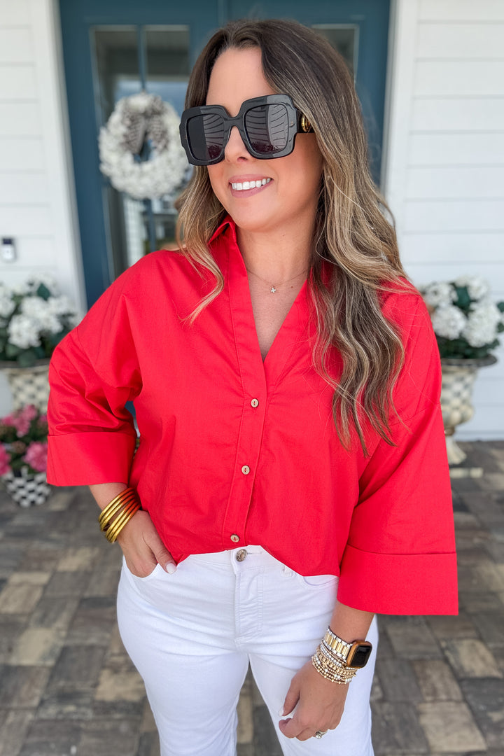 Back Pleat Button Down Popplin Top - Red