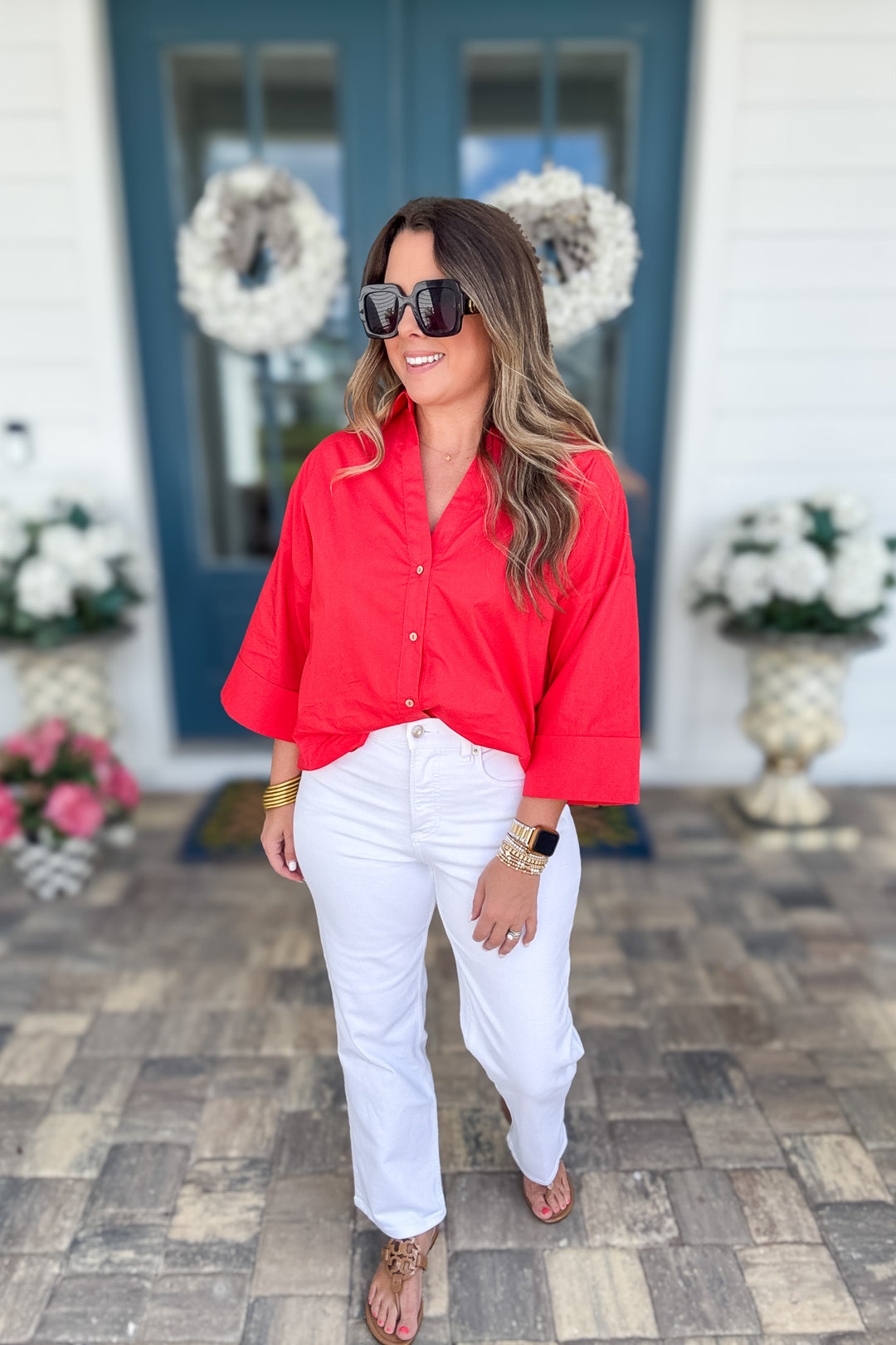 Back Pleat Button Down Popplin Top - Red