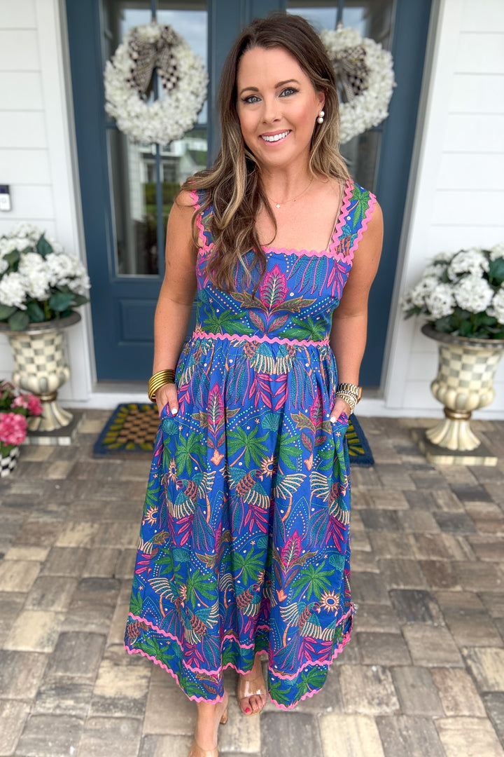 Yori Tropical Ric-Rac Pleated Midi Dress